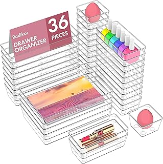 Lot de 36 Organisateurs de Tiroir, Rangement Tiroir en Plastique Transparent, Bacs de rangement avec 4 Tailles pour salle de bain, coiffeuse, Cuisine, Bureau, Papeterie, per Cosmétiques,Bijoux